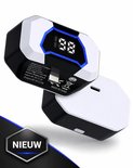 Zwart-witte mini powerbank met blauwe rand en digitaal display '188', met deksel los. 'NIEUW' logo.
