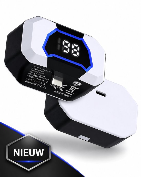 Zwart-witte mini powerbank met blauwe rand en digitaal display '188', met deksel los. 'NIEUW' logo.