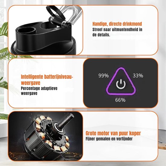 KAD® Blender To Go - Draagbare Blender - USB Oplaadbare Mini Blender - 700ml - Ideaal voor Smoothies & Shakes - BPA-Vrij - Inclusief Drinkbeker - Zwart - 10cm x 10cm x 30cm van Kad — afbeelding 5