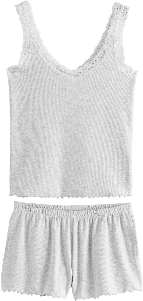 Next Dames - Katoenen geribbeld hemdje met kant en pyjamashort - Grijs Grey