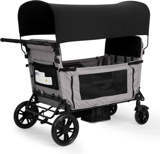 4-zits kinderwagen - Grote kinderwagen - Opvouwbare buggy - 8-traps verstelbare hendel, all-terrain wielen, inklapbaar,De stoel kan worden omgebouwd tot een bed. - Metaal en Stof - 138×72×126 cm - Geschikt voor 4 kinderen - Grijs,Zwart
