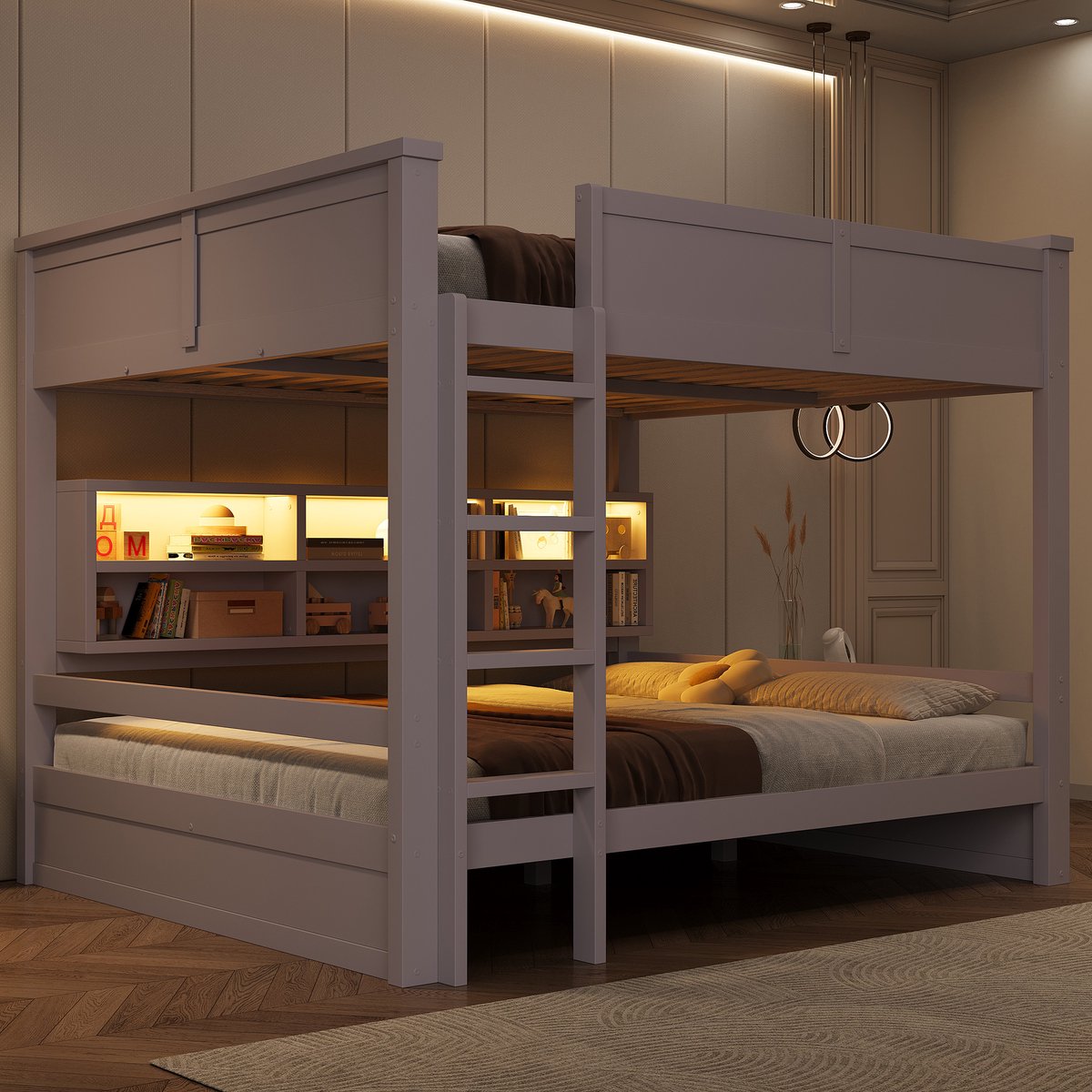 Stapelbed Van 160x200 Cm Met Opbergkasten En Ledverlichting, Tienerhoogslaper - Kinderhoogslaper,Bruin