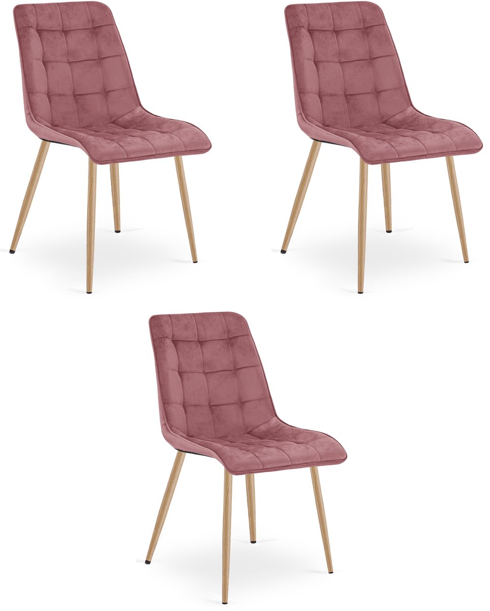 Set van 3 eetkamerstoelen SPLIT - Donkerroze fluweel - Eikenlook poten - Modern design