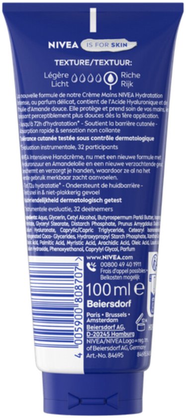 Achterkant van een NIVEA handcrème tube met ingrediëntenlijst en logo.