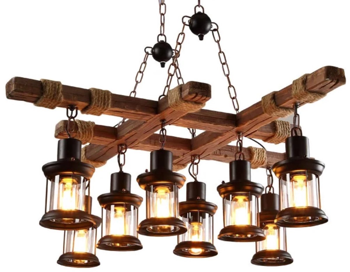 Industriële Houten Balken Hanglamp XXL - 8-Lichts Kroonluchter - Rustiek Hout & Zwart Metaal - Vintage Lantaarn Eettafel Verlichting - 102 cm - Exclusief Lampen
