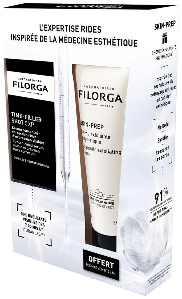 Filorga TIME-FILLER SHOT 5 XP Geconcentreerd Serum voor Expressierimpels 15 ml + SKIN-PREP Enzymatische Exfoliërende Crème 75 ml Gratis