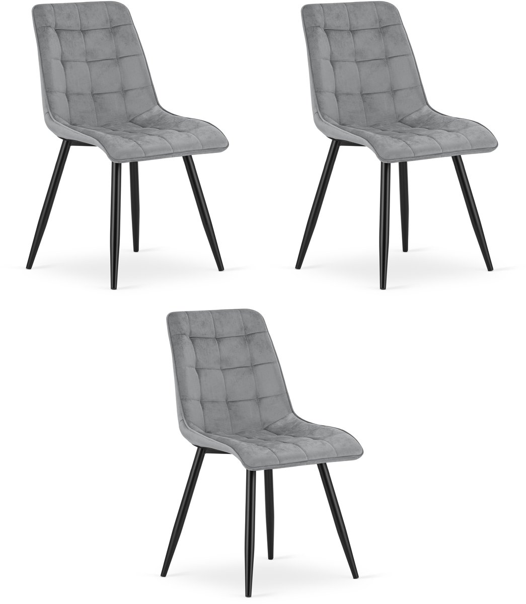 Set van 3 eetkamerstoelen SPLIT - Lichtgrijs fluweel - Zwarte metalen poten - Modern design