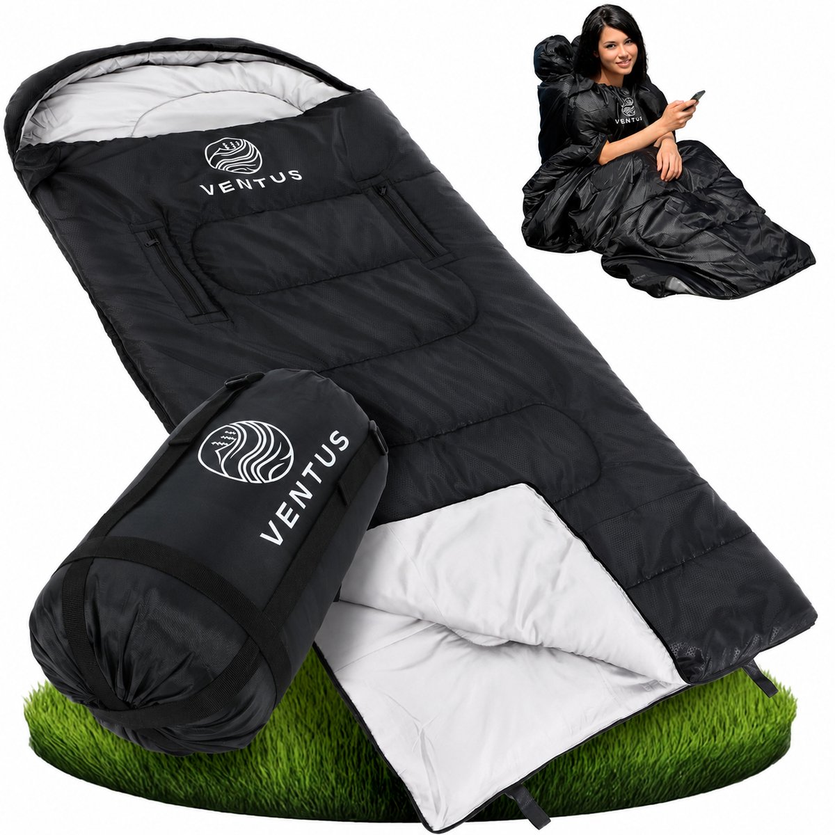 Ventus Tri-Season Slaapzak - Slaapzakken Volwassenen & Kind - Sleeping Bag - Lichtgewicht - Dekenmodel - 185 x 83 cm - Zwart