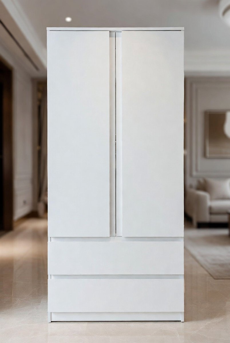 Witte Kledingkast 60cm met 2 Laden - 2-Deurs Kast 180cm met Kledingstang & Plank - Compacte Opbergkast voor Slaapkamer, Hal & Kinderkamer - 60x51x180cm - Wit - Medahomestore