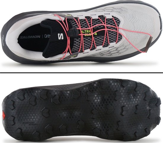 Witte Salomon Ultra Glide 4 trailrunningschoenen met roze veters, zwart met witte zool.