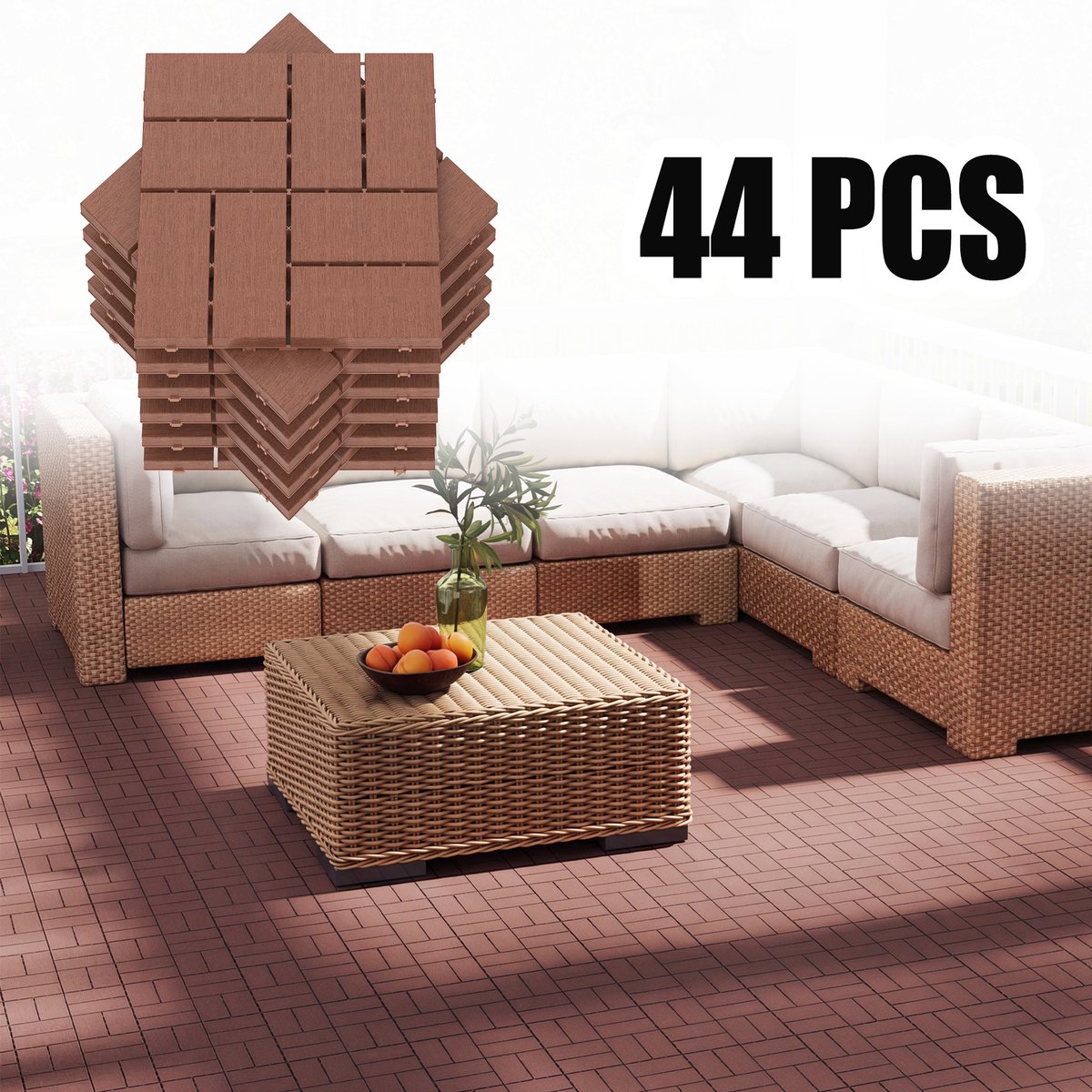 Froadp 44 stuks balkontegels in houtlook terrastegels 30x30cm decoratieve kunststof tegels voor terras kliktegels vloerbedekking balkontegel waterbestendig onderhoudsvriendelijk - 4m² roodbruin geruit type