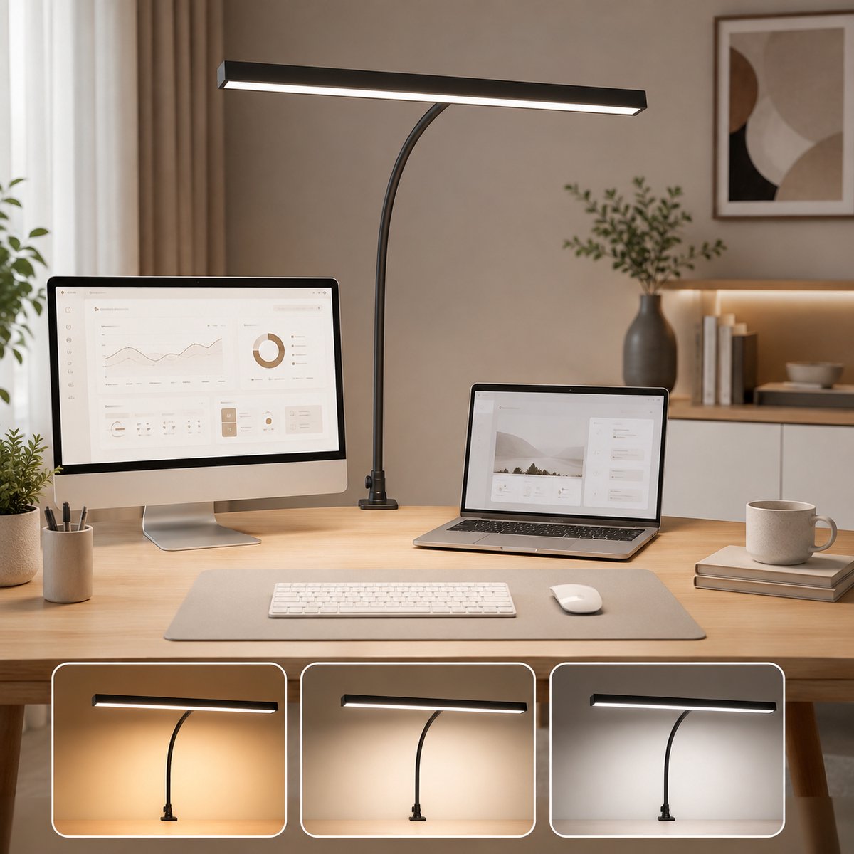 MUPOO Bureaulamp LED Dimbaar - Leeslamp met 40 cm Brede Lampkop & 70 cm 360° Flexibele Zwanenhals - Werklamp met 3 Lichtkleuren & 10 Helderheidsstanden - Hobbylamp voor Kantoor, Studie, Tekenen, Naaien en Handwerk - USB Voeding