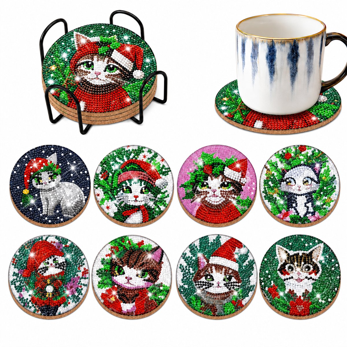 YYchan DIY Diamond Painting Onderzetters Set - 8 Stuks met Houder - Handgemaakt & Hittebestendig - Pakket Volwassenen en Kinderen - Kerstkatten