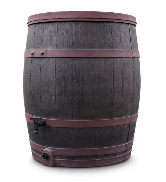 Tonneau de pluie marron foncé aspect bois, avec des bandes métalliques, un robinet et un point de vidange.