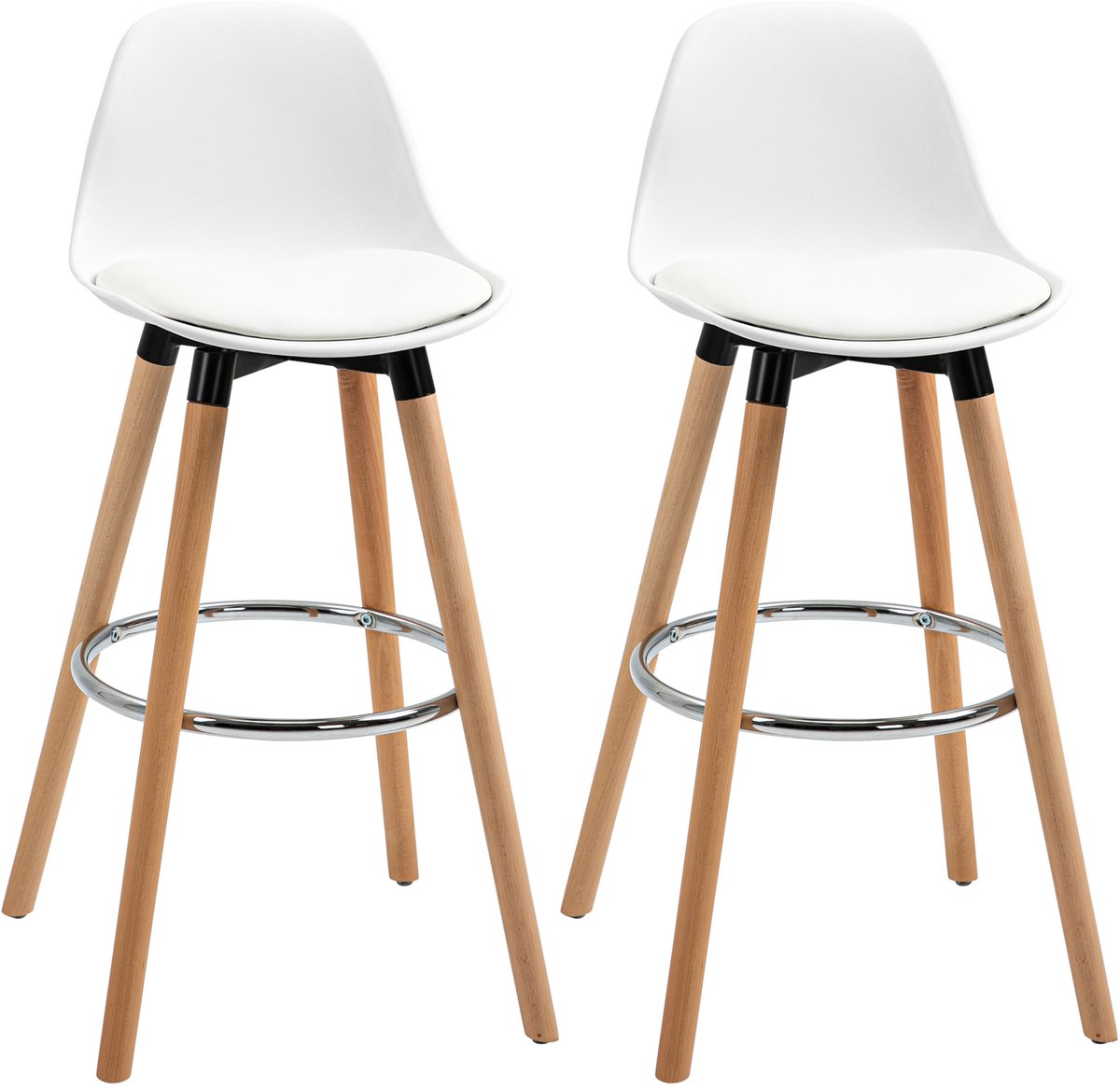 Clruro Barkrukken - 38,5x42,5x91 cm - 2 Stuks met Rugleuning - Voetsteun - PP/Hout/Staal - Wit