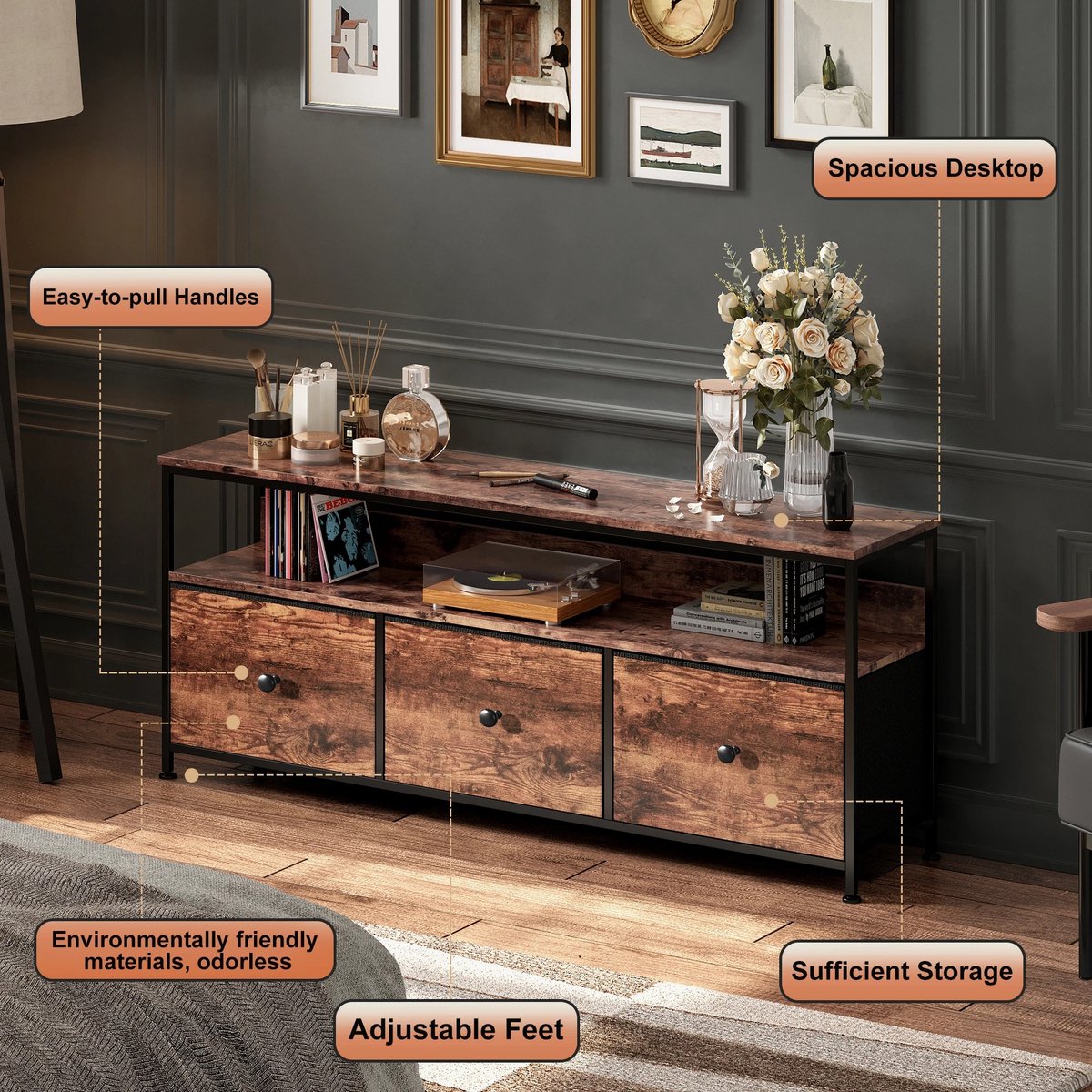 Prime Home TV-meubel - TV kast - Kast - led verlichting - 3 Stoffen Lades - Open Planken - LED‑Verlichting - Industrieel Dressoir - Metaal - E1‑Spaanplaat - 108 × 30 × 57cm - Tijgerhuid Design