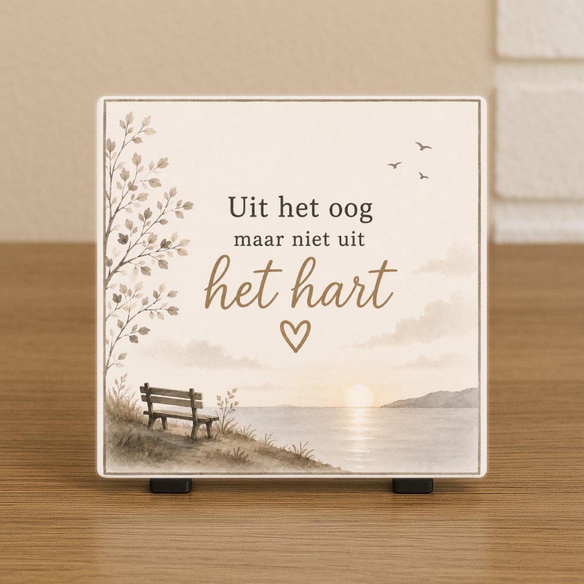 CreaCraft Spreuktegel “Uit het oog maar niet uit het hart” - Herdenkingstegel – Rouw tegeltje – Trendy nu – Vriend(in), Collega, familie – Overlijden – Cadeau – Incl standaard – Wenstegeltje – Cadeau idee