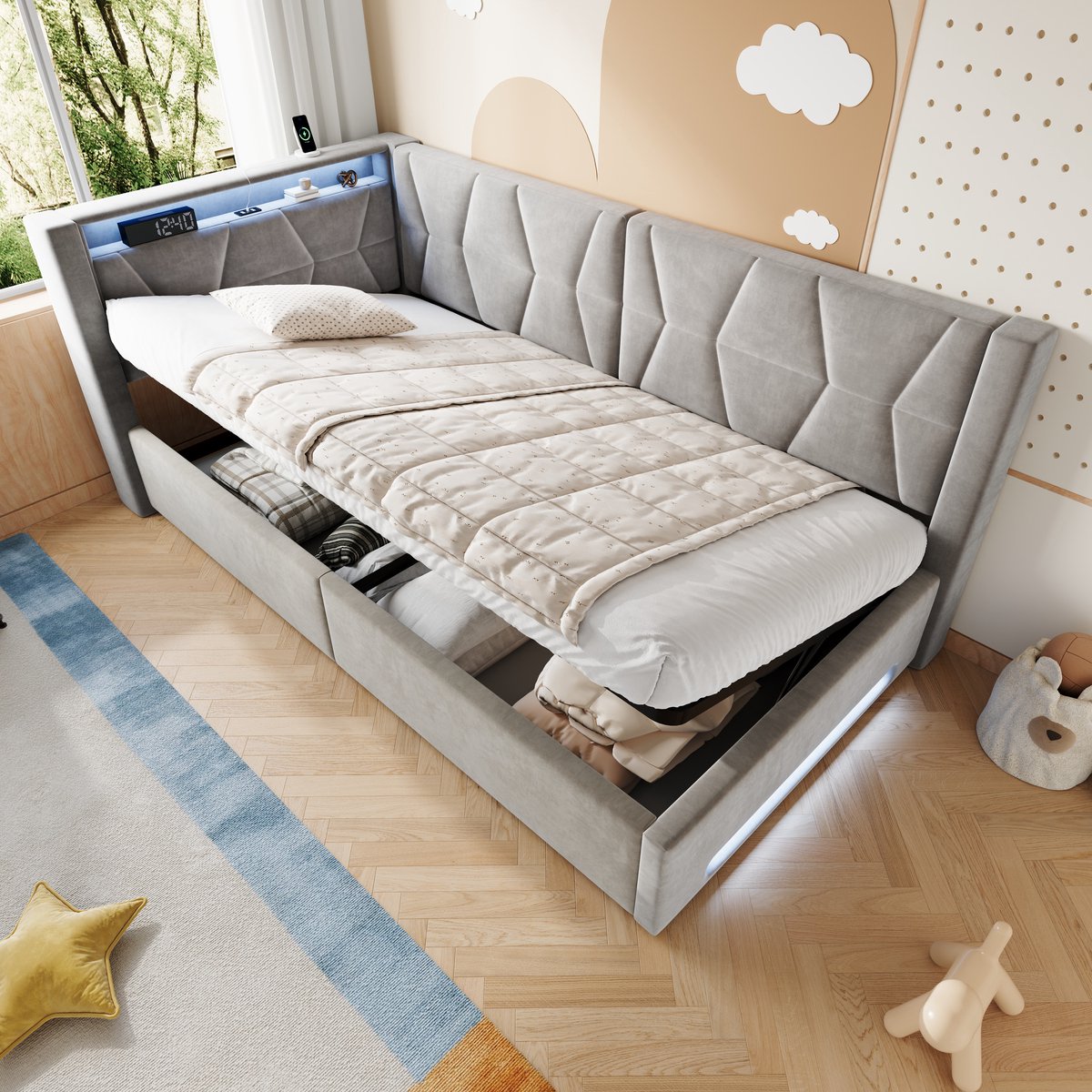 Gestoffeerd Bed 90x200 cm - Bed met Opbergruimte, LED Verlichting, USB en Type-C - Hydraulische Lattenbodem - Voor Slaapkamer en Jeugdkamer - Stof - Grijs - Zonder matras