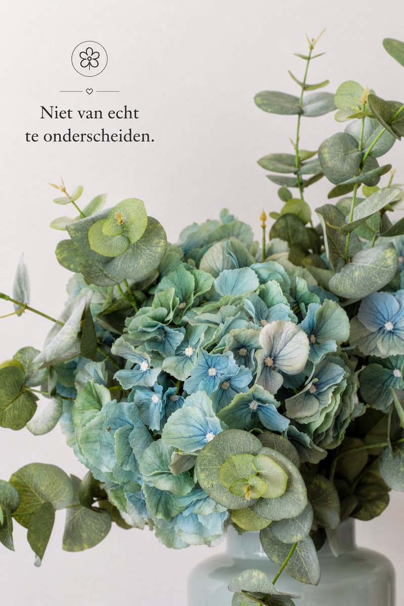 BLOOM & VESSEL Zijden Hortensiaboeket met Vaas – 60 cm – Boeket Aquamarine – Blauwgroene Hortensia & Eucalyptus – Kunstbloemen – Nepbloemen — cadeau in Wonen & Interieur - foto 2