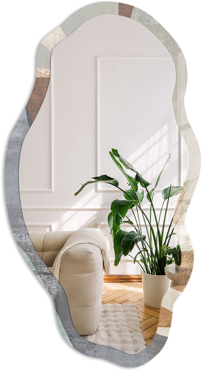Coloray Organische Vormen Spiegel - Bruin Moderne Rechthoekige Wandspiegel - Organische Spiegel - Woonkamer, Kantoor, Slaapkamer - Geometrisch - 45x90 cm - Totale afmeting 52x97 cm