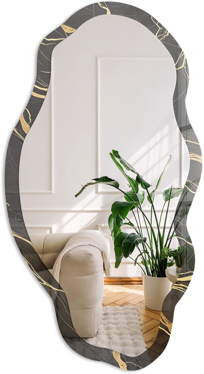Coloray Luxueuze Golven Spiegel - Zwart Rechthoekige Spiegel Voor Interieur - Organische Spiegel - Woonkamer, Kantoor, Slaapkamer - Klassiek - 45x90 cm - Totale afmeting 52x97 cm