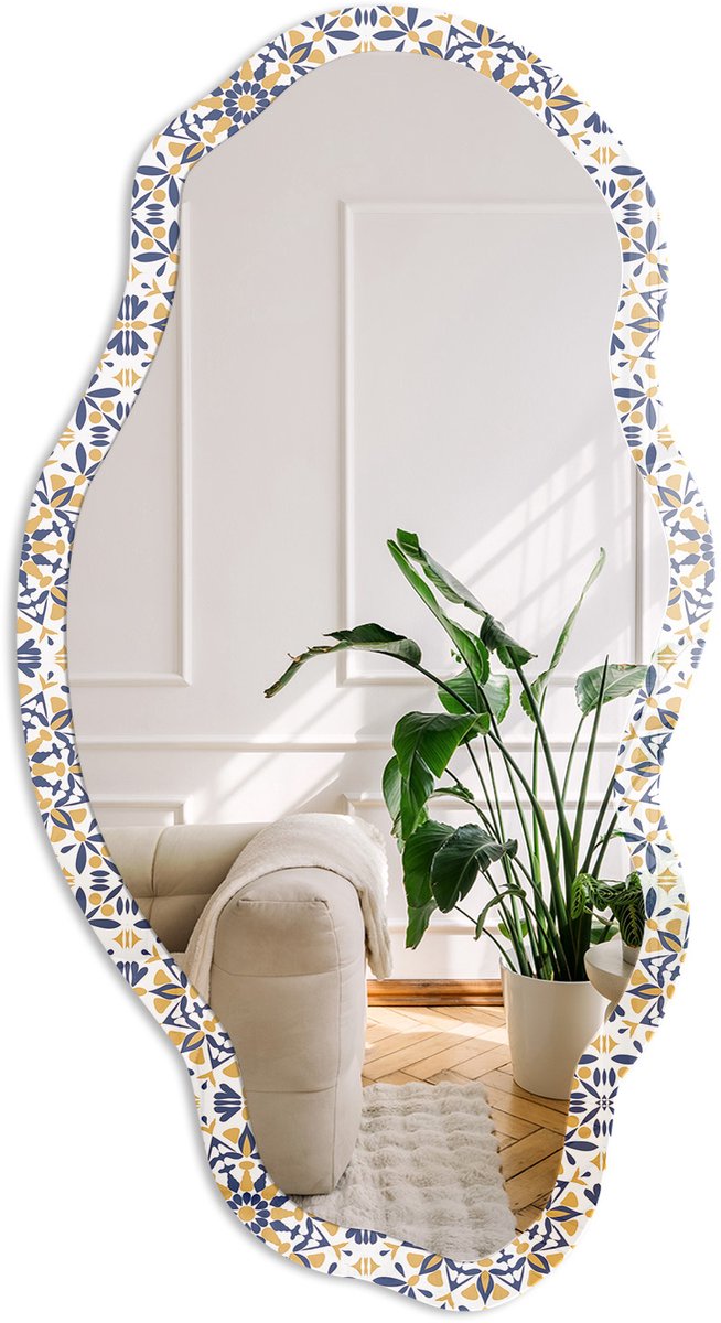 Coloray Oosters Patroon Spiegel - Wit Moderne Rechthoekige Wandspiegel - Organische Spiegel - Badkamer, Hal, Keuken - Geometrisch - 45x90 cm - Totale afmeting 52x97 cm