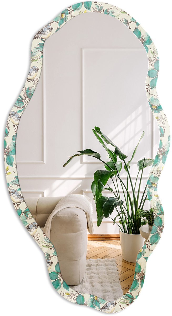 Coloray Bloemen Vogels Spiegel - Groen Rechthoekige Spiegel Voor Interieur - Organische Spiegel - Slaapkamer, Woonkamer, Kantoor - Illustratief - 45x90 cm - Totale afmeting 52x97 cm