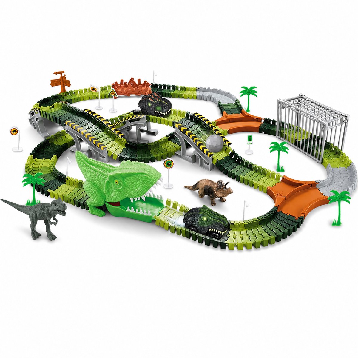 BOTC Dinosaurus Racebaan - Dinosaurus Autobaan - Flexibele Autobaan met Baandelen - Speelgoed voor Kinderen vanaf 3 Jaar