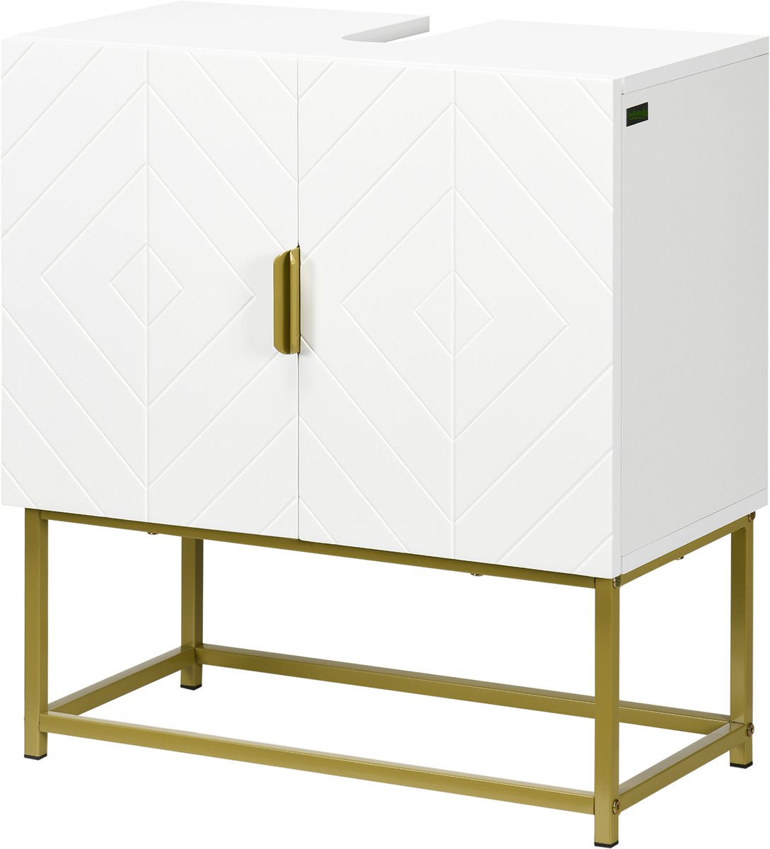 Moderne wastafelkast, vrijstaande opbergkast voor onder de wastafel, ruimtebesparende houten wastafelkast met 2 deuren en gouden stalen poten, 60 x 30 x 65 cm, wit