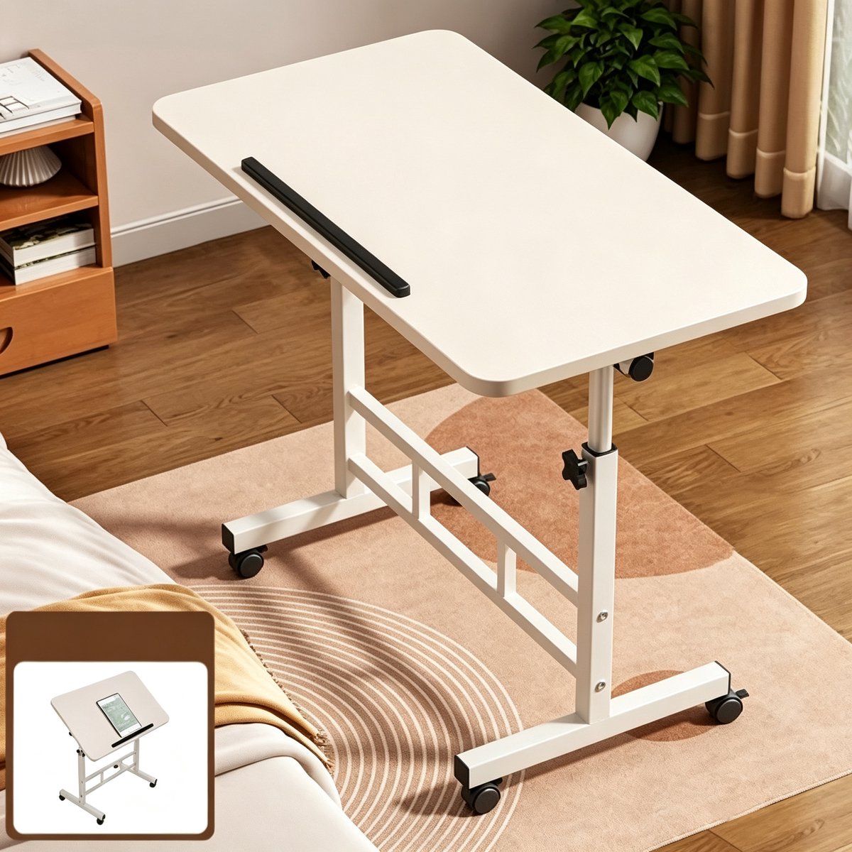 Verstelbaar sta bureau Draagbaar mini-computerwerkstation voor kleine ruimtes hoekbureau met wielen Ideaal voor slaapkamers kantoren de perfecte staande oplossing voor laptops Afmetingen 80x40x(60-82 ) cm Crèmewit