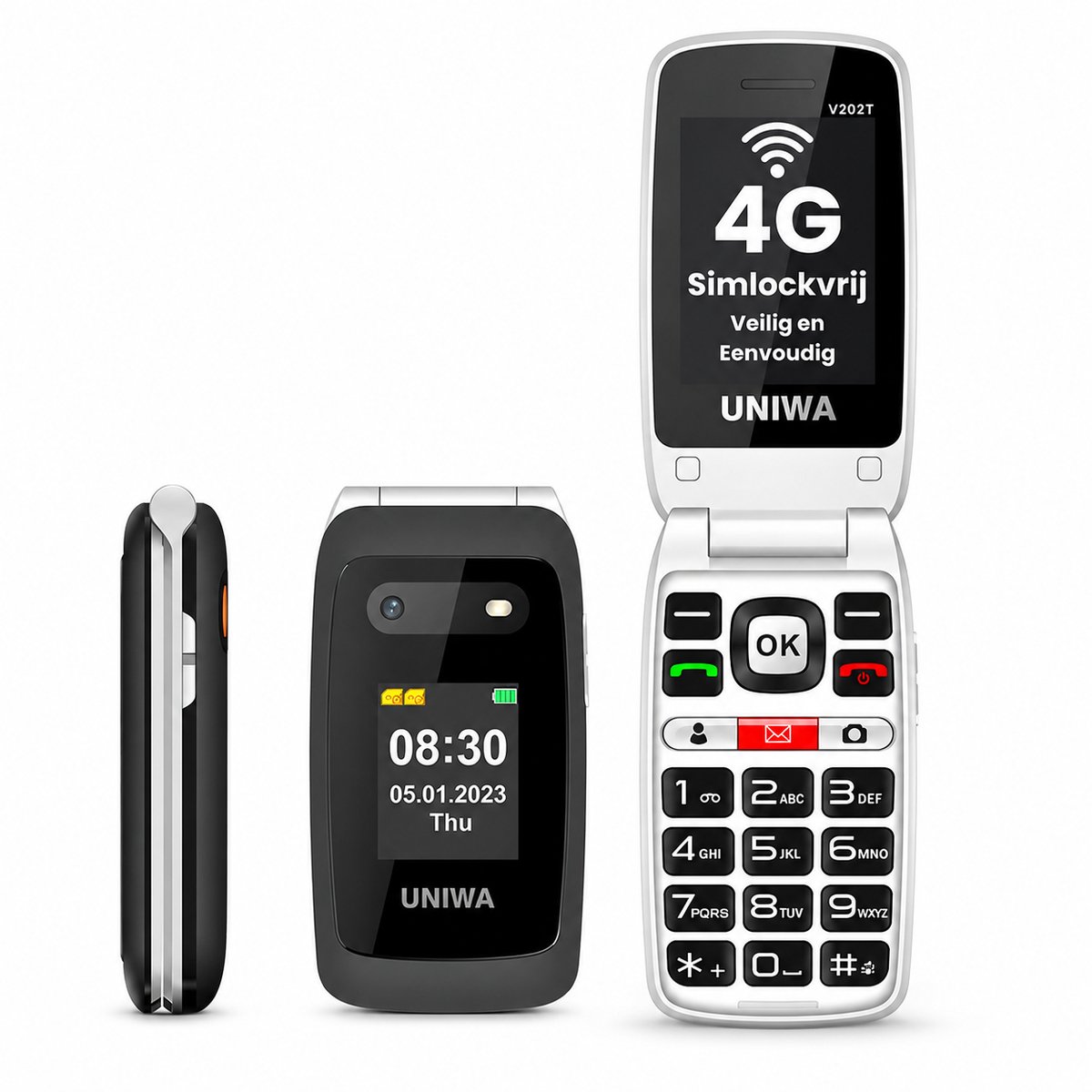Uniwa V202T Senioren Telefoon 4G - Klaptelefoon - Grote Toetsen - SOS Noodknop - GSM Dumbphone - Zwart