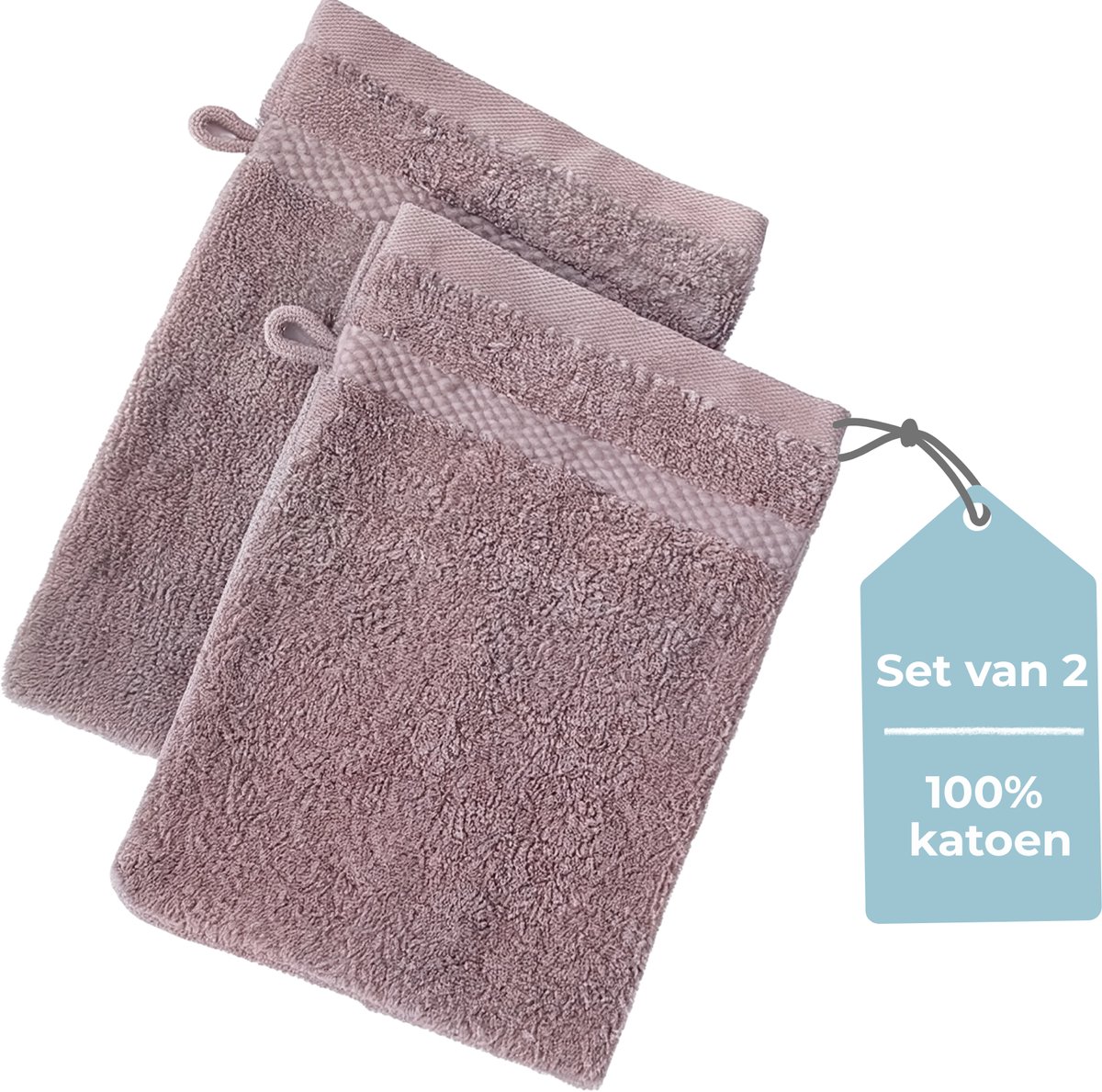 HUSH Living - Washand 100% Katoen - Set van 2 - Zware Kwaliteit 500g/m2 - Stijlvol Boord en Ophanglus- 16x22cm - Vlierbes