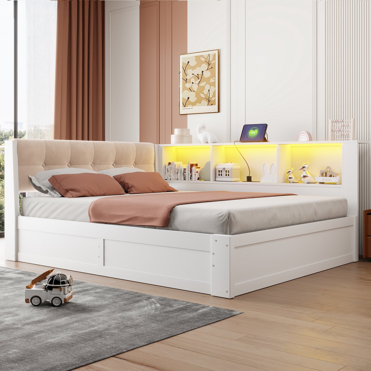MIVRAY Bedbank 140x200 cm Zonder Matras - Met Opbergruimte En LED Verlichting - USB Aansluiting En Zijplank - Voor Slaapkamer - Hout MDF - Wit