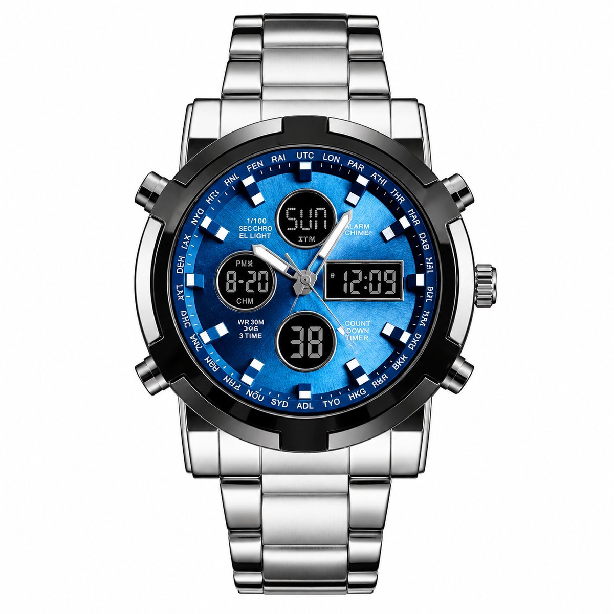 Vivva - Heren Horloge - Dubbel Display Analoog & Digitaal - Roestvrij Staal - Waterdicht met Quartz Uurwerk - Blauw - WATCHROX