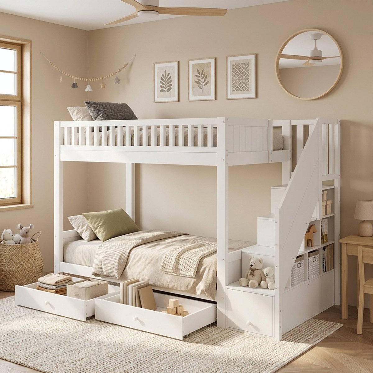 OKWISH Kinder Stapelbed 90x200 cm - Met Opbergtrede en 2 Bedlades - Voor Kinderkamer - Hout en MDF - Wit - Zonder matras