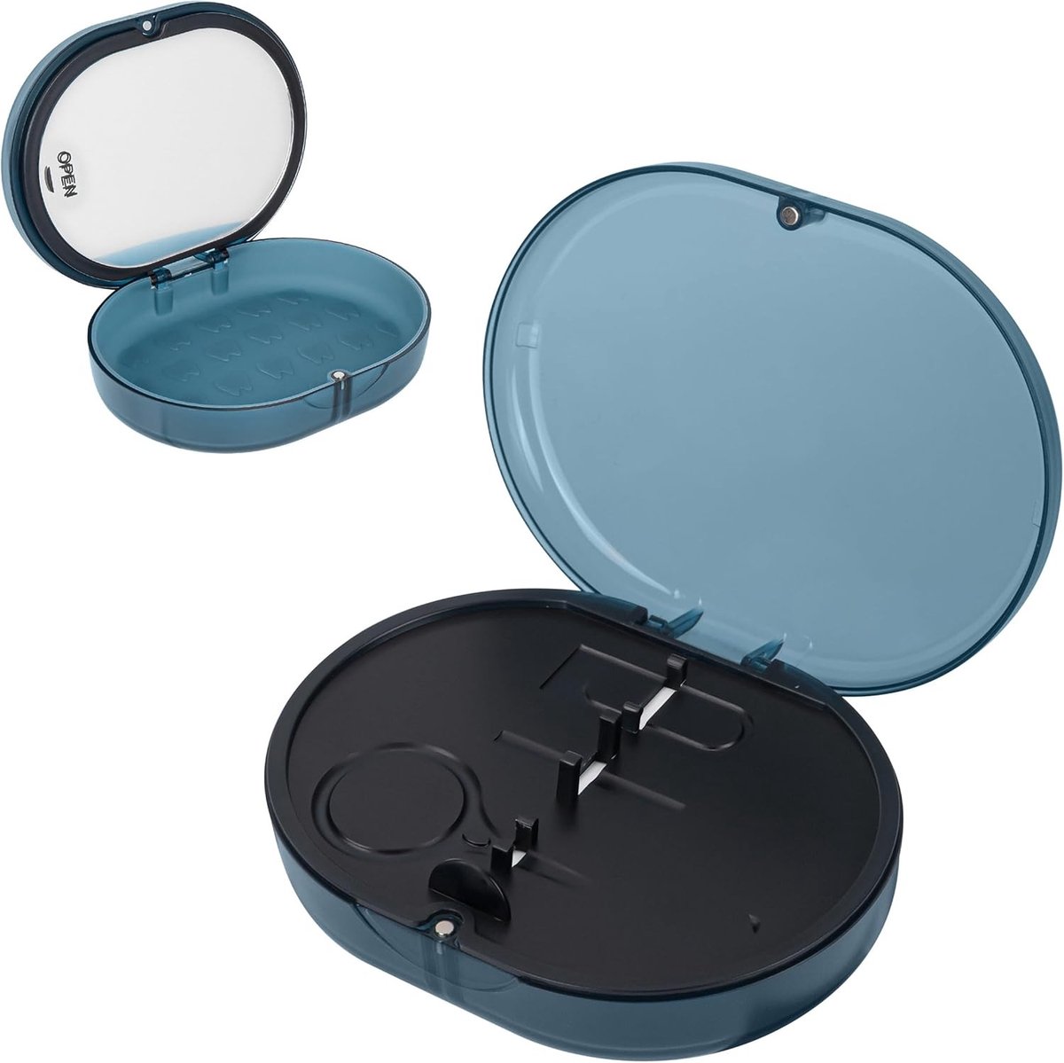 Dubbele Laag Opbergcase met Spiegel, Draagbare Opbergoplossing voor Aligners, Tandenborstel en Mondbeschermer met Magnetische Sluiting, Blauw