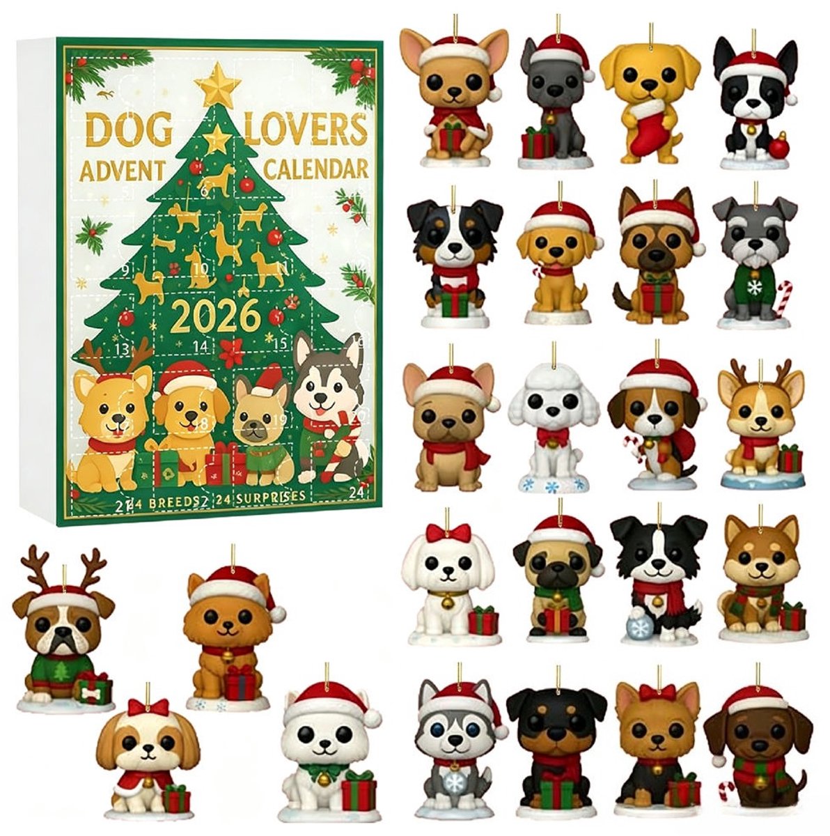 Mrilary Kerst Aftelkalender voor honden – 2D-acrylhanger – 24-daagse aftelkalender speciaal voor hondenliefhebbers – decoratie met hondenthema – kerstcadeau