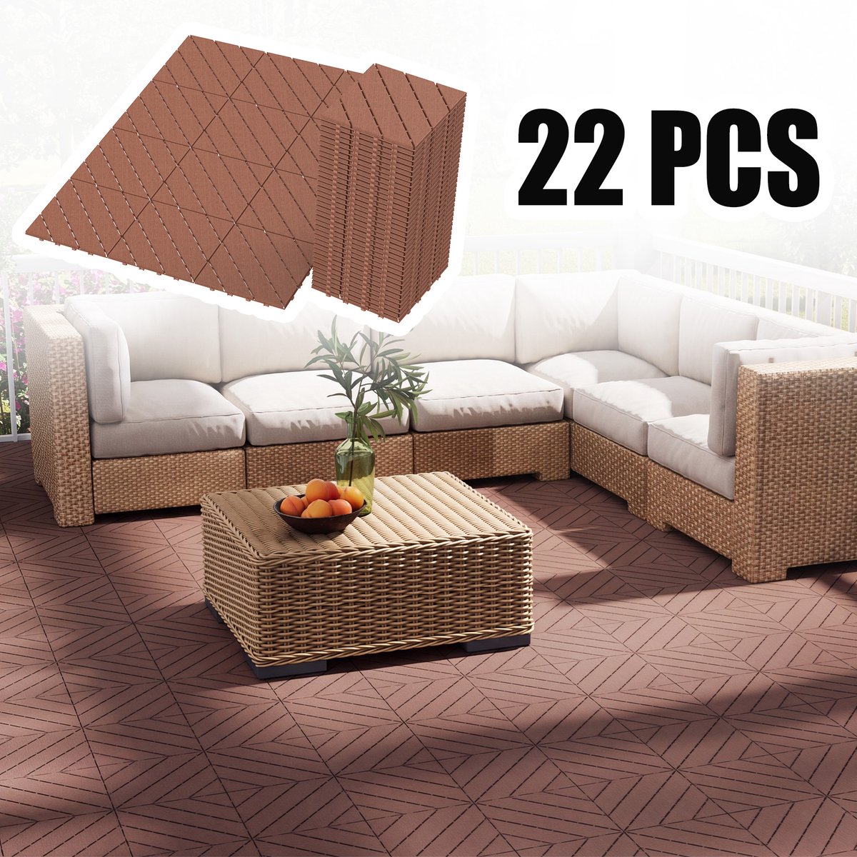 Froadp 22 stuks balkontegels in houtlook terrastegels 30x30cm decoratieve kunststoftegels voor terras kliktegels vloerbedekking balkontegel waterbestendig onderhoudsvriendelijk - 2m² roodbruin schuin type