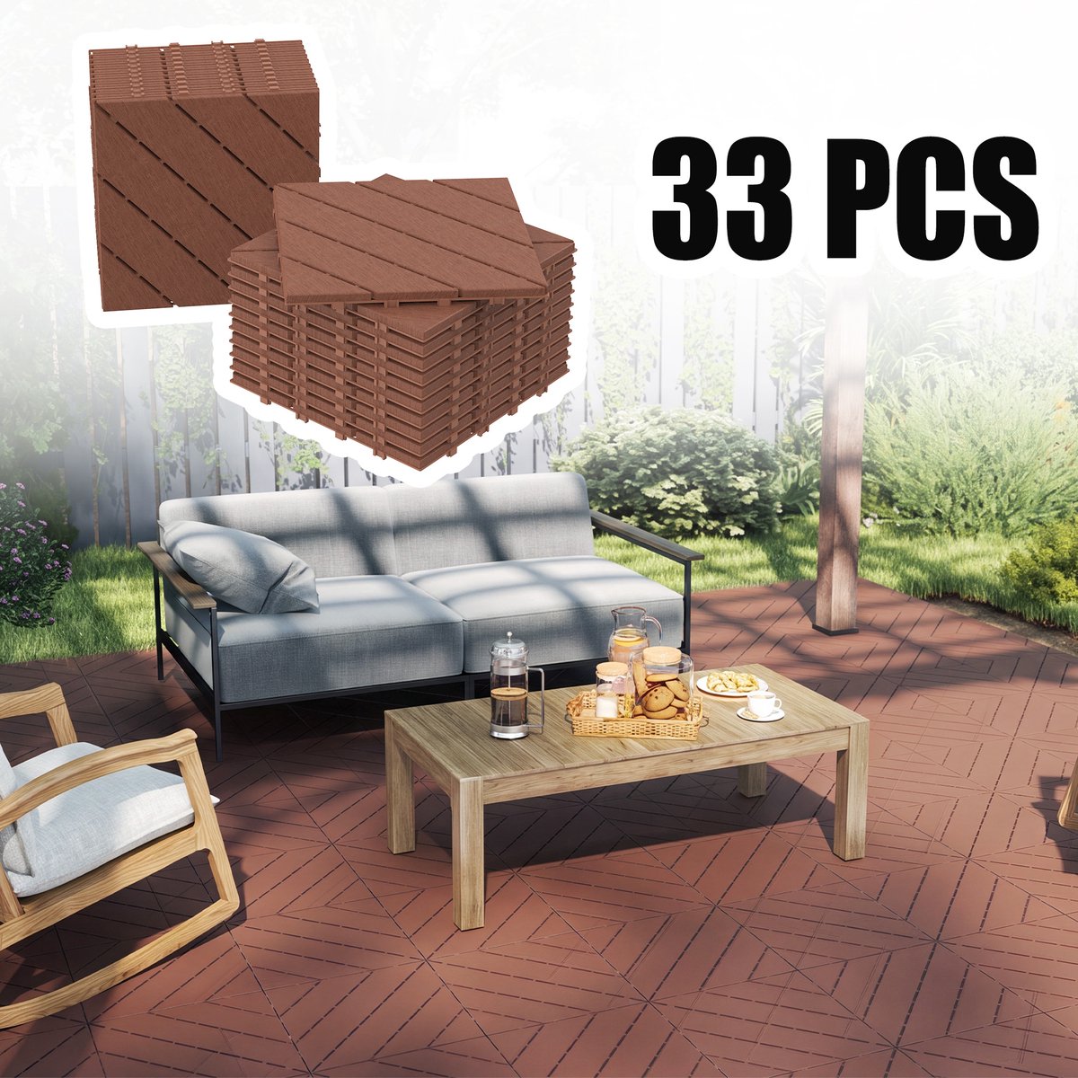 Froadp 33 stuks balkontegels in houtlook terrastegels 30x30cm decoratieve kunststof tegels voor terras kliktegels vloerbedekking balkontegel waterbestendig onderhoudsvriendelijk - 3m² roodbruin schuin type