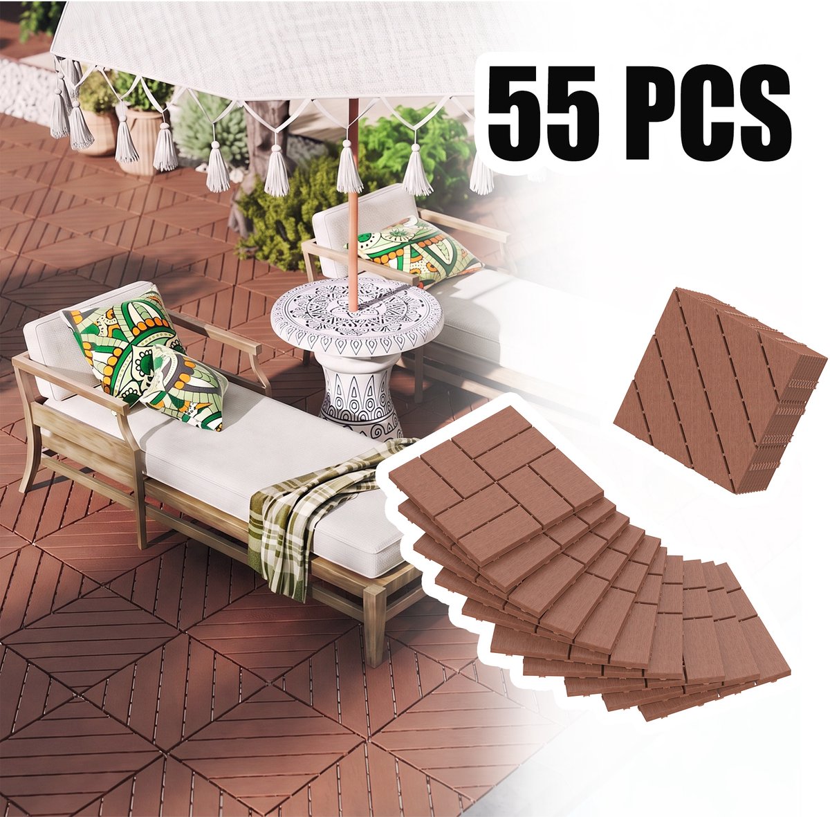 Froadp 55 stuks balkontegels in houtlook terrastegels 30x30cm decoratieve kunststoftegels voor terras kliktegels vloerbedekking balkontegel waterbestendig onderhoudsvriendelijk - 5m² roodbruin schuin type