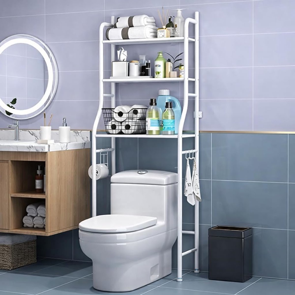 3-Laags Verticaal Opbergrek Met Haken - Roestbestendig Gecoat Staal Ruimtebesparend Eenvoudig Te Monteren - Voor Badkamer Wasruimte En Kleine Ruimtes - Wit
