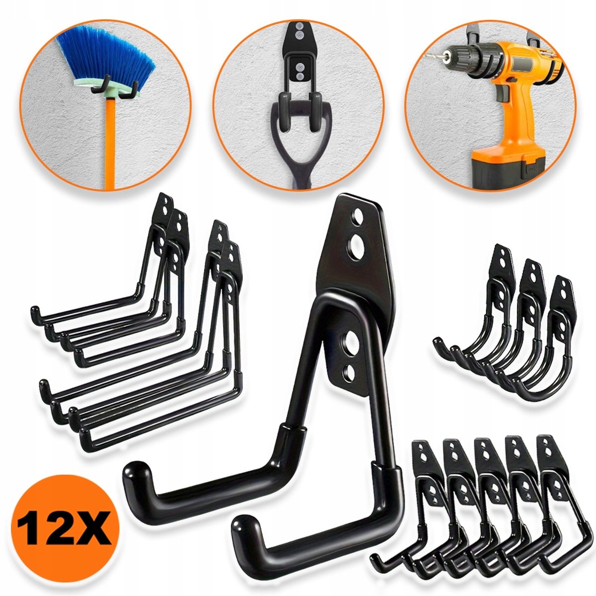 Set Van 12 U-Vormige/J-Vormige Muurhaken Met 2 Banden - Draagvermogen 35 kg Krasbestendige PVC-Coating Massief Staal 2 Ankers per Haak - Voor Ladders, Grasmaaiers En Tuingereedschap - Zwart