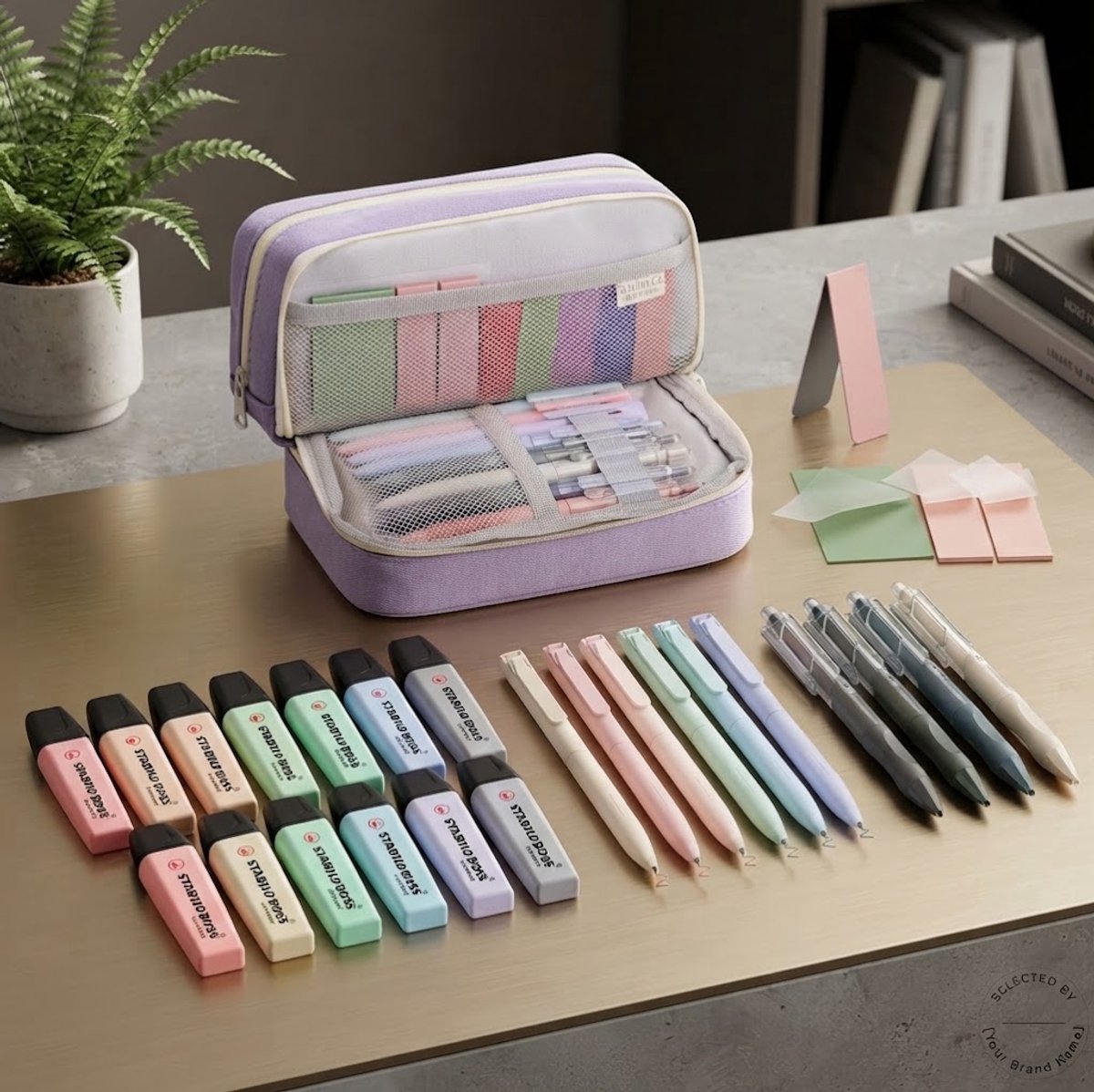 32-delige Esthetische Schrijfwarenset met Paars Etui – 12 Pastelmarkeerstiften, 6 Kleurpotloden, 5 Zwarte Fineliners, 5 Magnetische Bladwijzers & 3 Zelfklevende Titels – Kantoor en School