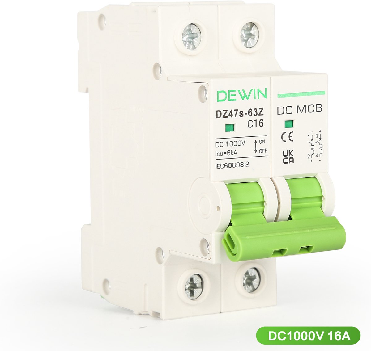 DEWIN DC-installatieautomaat voor zonnepanelen - 2P 16 A - 1000 V DC