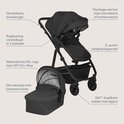 Zwarte kinderwagen met reiswieg. Verstelbare duwbeugel, rugleuning in 3 standen, waterdichte XXL-kap met UPF 50+.
