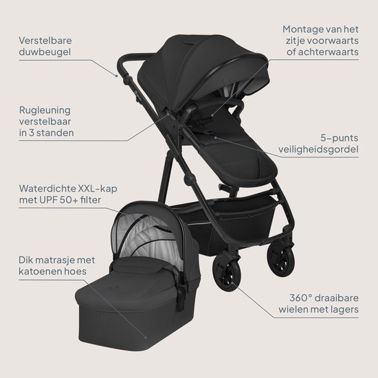 Zwarte kinderwagen met reiswieg. Verstelbare duwbeugel, rugleuning in 3 standen, waterdichte XXL-kap met UPF 50+.