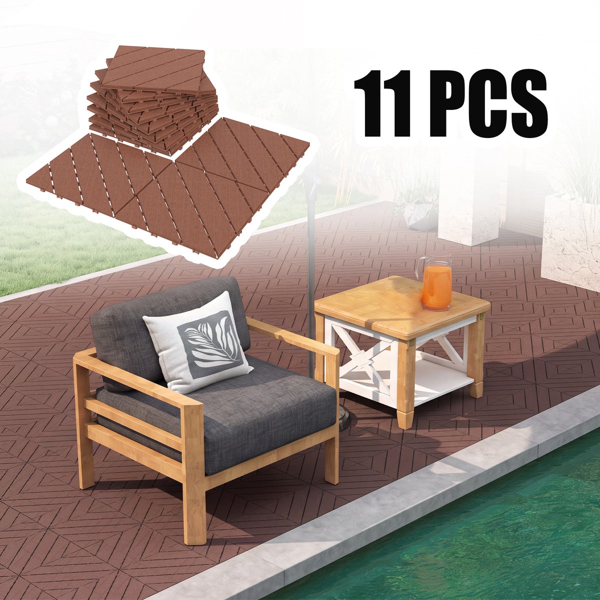 Froadp 11 stuks balkontegels in houtlook terrastegels 30x30cm decoratieve kunststof tegels voor terras kliktegels vloerbedekking balkontegel waterbestendig onderhoudsvriendelijk - 1m² roodbruin schuin type