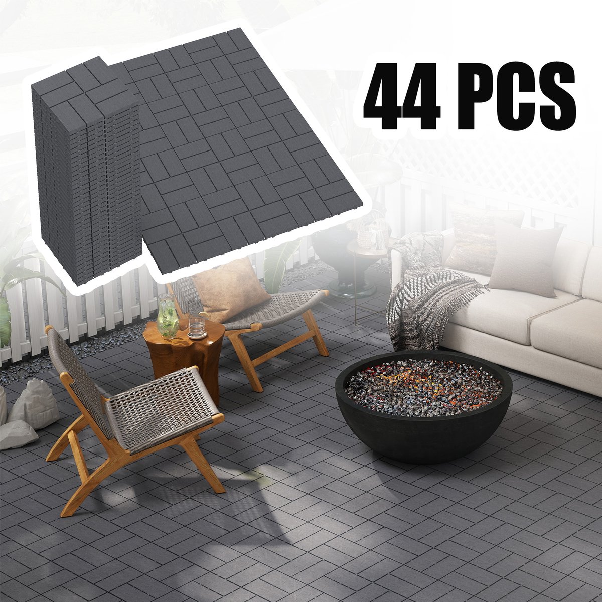Froadp 44 stuks balkontegels met houtlook terrastegels 30x30cm decoratieve kunststoftegels voor terras kliktegels vloerbedekking balkontegel waterbestendig onderhoudsvriendelijk - 4m² antraciet geruit type