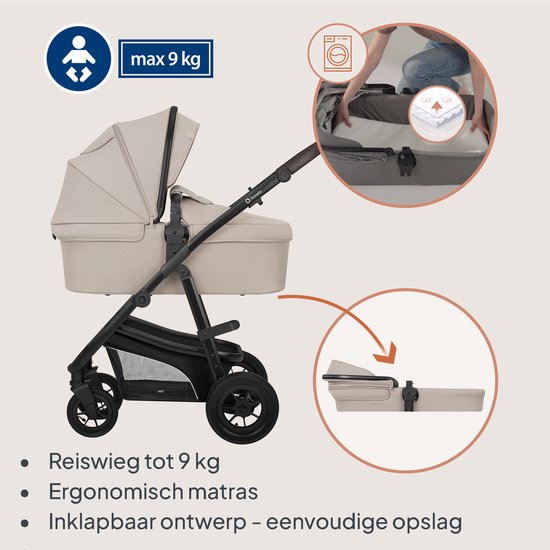 Beige kinderwagen met reiswieg (max 9 kg). Gemarkeerd: reiswieg, ergonomische matras, inklapbaar ontwerp voor opslag.