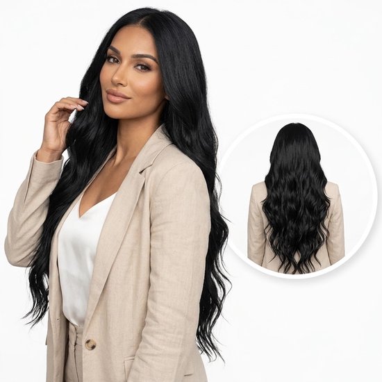 Zwarte, lange, golvende pruik, gedragen door een model in een beige blazer. Achteraanzicht van de pruik.